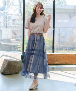 Tiaclasse L チュールレースチェックスカート ブルー