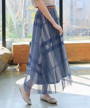 Tiaclasse L チュールレースチェックスカート ブルー