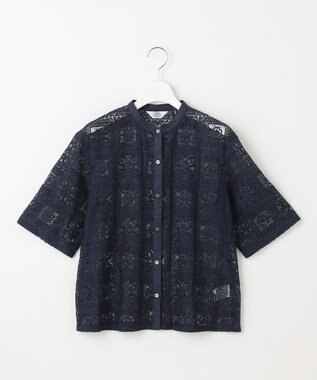 J.PRESS LADIES 【洗える】モザイクレース ハーフスリーブ ブラウス ネイビー系