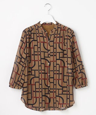 自由区 L 【17号サイズまで展開】ジオメトリックレトロプリント ブラウス ベージュベース