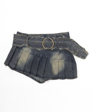 WEGO 【画像再撮】フリンジベルト付きプリーツデニムミニスカート デニム淡色