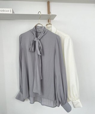 Feroux 【洗える】リボンタイ ブラウス スカイブルー系
