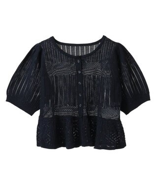earth music&ecology ＳＥＴ２点レース編みペプラムカーデ＋スカート Navy