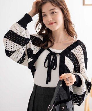 WEGO 【紫外線対策/手洗い可】メッシュリボンボレロ ブラックボーダー