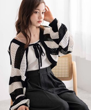 WEGO 【紫外線対策/手洗い可】メッシュリボンボレロ ブラックボーダー