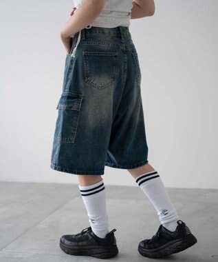 WEGO ドロストカーゴハーフパンツ デニム中濃色