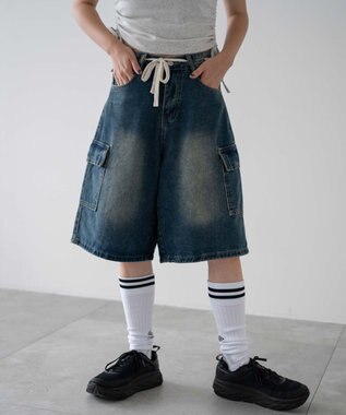 WEGO ドロストカーゴハーフパンツ デニム中濃色