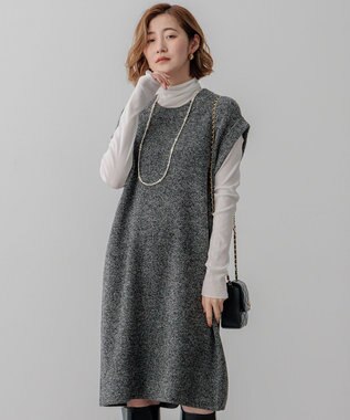23区 【SLOW/一部店舗限定】ニットトータル スリーブレス ワンピース オフ×ブラック杢