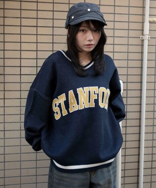 WEGO VネックグラフィックニットBIGプルオーバー ネイビー