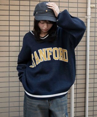 WEGO VネックグラフィックニットBIGプルオーバー ネイビー