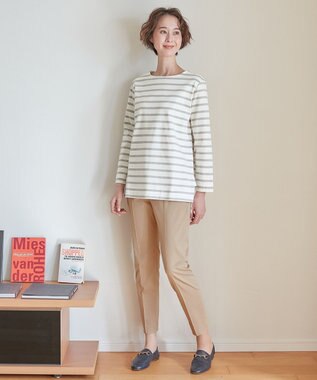 自由区 L 【洗える】コットンボーダー ボートネックカットソー モスグリーン系1