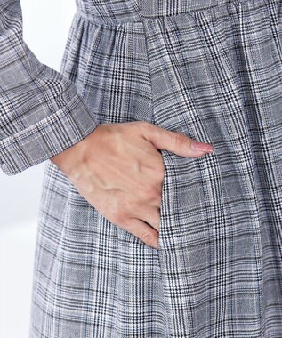 Tiaclasse 【洗える】バンドカラーチェック柄シャツワンピース グレー