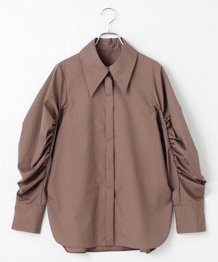 #Newans 【アイロンいらず】尖り襟ギャザースリーブブラウス ブラウン
