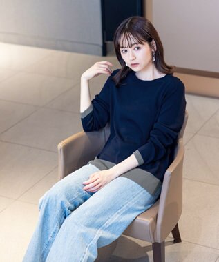 Tiaclasse L 【新色追加・洗える】配色スリットニット ネイビー