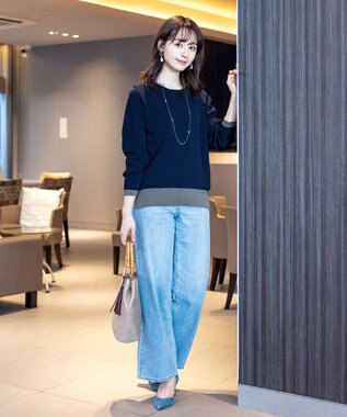 Tiaclasse L 【新色追加・洗える】配色スリットニット ネイビー