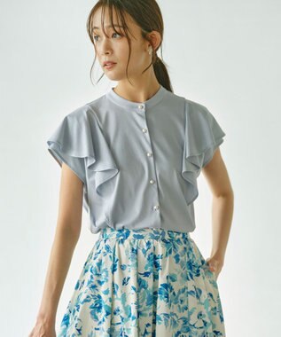 組曲 【UVケア】プレーティング天竺 パールボタンブラウス ベビーブルー系