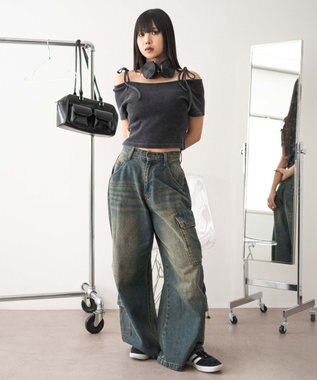 WEGO ヴィンテージウォッシュオフショルちびT スミクロ