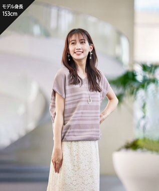 Tiaclasse 【洗える】マルチボーダーフレンチスリーブニット ピンク×ライトピンク