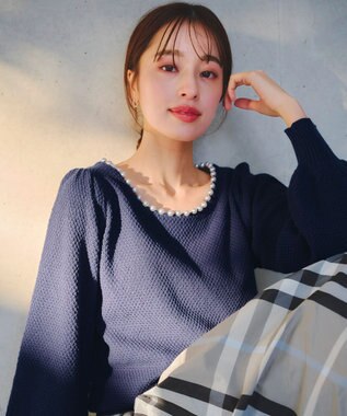 Tiaclasse 【洗える】衿パールニットトップス ネイビー