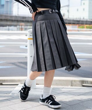 WEGO ベルト付プリーツミドルスカート 杢グレー