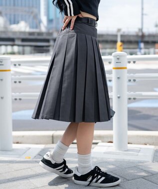 WEGO ベルト付プリーツミドルスカート 杢グレー