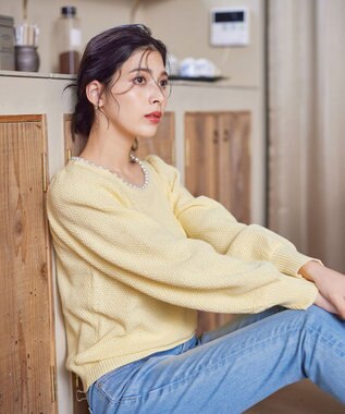 Tiaclasse 【洗える】衿パールニットトップス イエロー