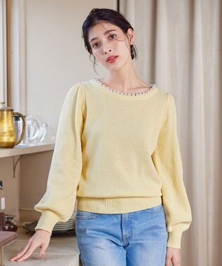 Tiaclasse 【洗える】衿パールニットトップス イエロー