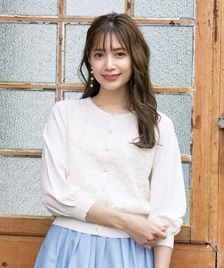 Tiaclasse 【洗える】7分袖前身レースカーディガン オフホワイト