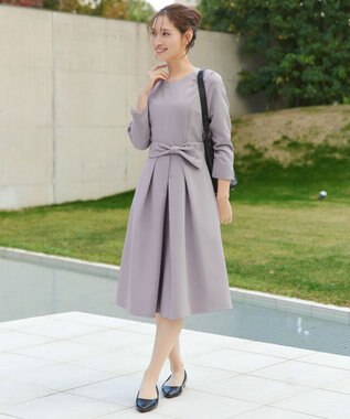 Tiaclasse L 【セレモニー・新色追加】アシメリボンベルトフレアワンピース ライトグレー