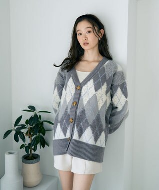 earth music&ecology ループ編みアーガイルカーディガン Gray