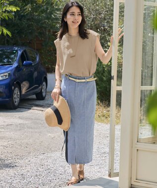 自由区 【洗える】コットンリネンシャンブレー スカート ライトブルー系