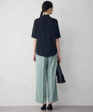 ICB L 【新色追加】BackSatinAmunzen 5分袖配色ボウタイブラウス ネイビー×ダークセージ