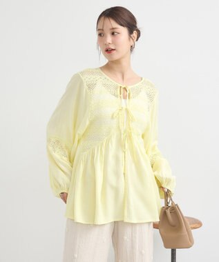 earth music&ecology レーヨンレースデザインシャツ Yellow