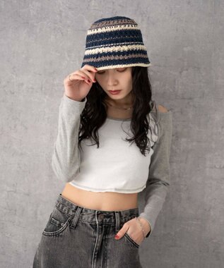 WEGO クロシェ編みボーダーハット ネイビー