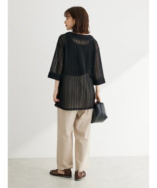 Green Parks カフタンレース７分袖ブラウス Black