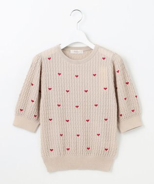 Feroux 【洗える】ハーフスリーブ ハート刺繍 ニット ピンク系