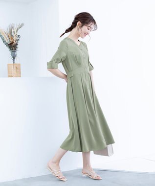 Tiaclasse L 【新色追加・洗える】バックリボン前開きワンピース ライトカーキ
