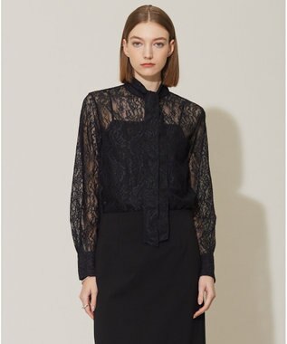 ICB 【洗える】ナイロンラッセルレース バンドカラーシャツ ブラック系