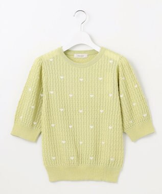 Feroux 【洗える】ハーフスリーブ ハート刺繍 ニット ライトイエロー系