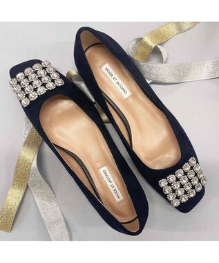 MODE ET JACOMO <MODE ET JACOMO>アシンメトリービジューフラットパンプス ネイビースエード