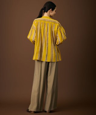 自由区 【着映える・涼やか】コットンストライププリントフリル ブラウス イエローストライプ