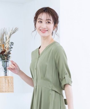 Tiaclasse L 【新色追加・洗える】バックリボン前開きワンピース ライトカーキ