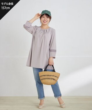 Tiaclasse L ランタンパフ袖カットソー切替チュニック グレージュ