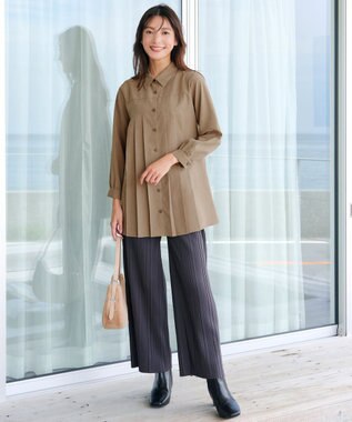 Tiaclasse L 【洗える】ピーチスキンプリーツシャツチュニック ベージュ