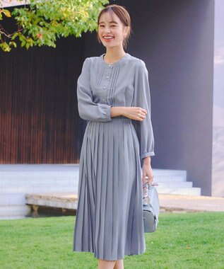 Tiaclasse 【新色追加・洗える】パールボタンプリーツワンピース ブルー