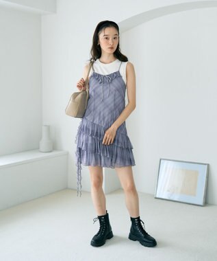earth music&ecology フロントリボンチェックミニキャミワンピース Check Gray