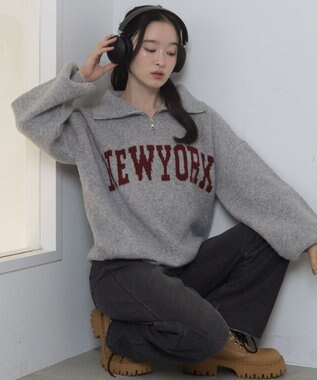 WEGO フラッフィーハーフジップニット 杢グレー