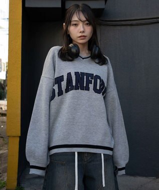 WEGO VネックグラフィックニットBIGプルオーバー 杢グレー