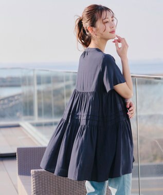 Tiaclasse 【洗える】バンドカラーティアードシャツチュニックブラウス ネイビー