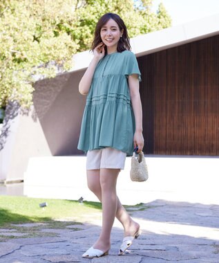 Tiaclasse 【洗える】バンドカラーティアードシャツチュニックブラウス ミント